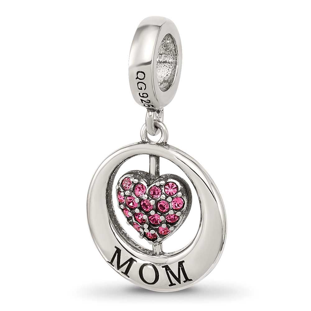 Enameled Mom &amp; Pink Crystal Heart Bead Sterling Silver QRS4529 196904278956