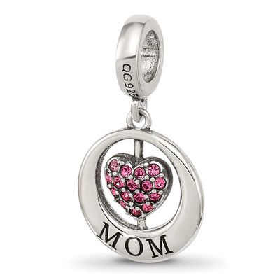 Enameled Mom &amp; Pink Crystal Heart Bead Sterling Silver QRS4529 196904278956
