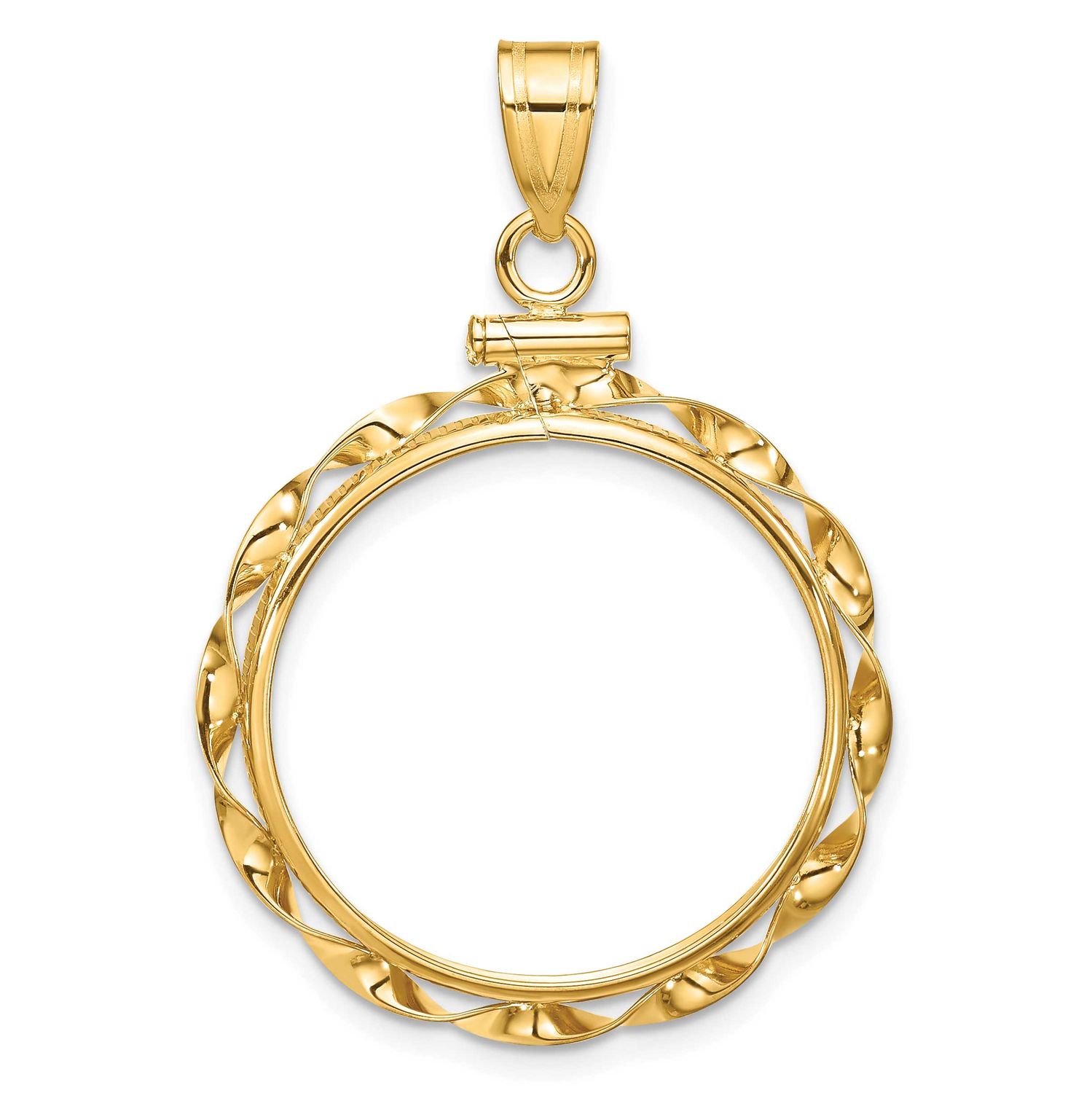 Hand Twisted Ribbon 22.0mm x 1.9mm Screw Top Coin Bezel Pendant 10k Gold Polished 10C1820/22.0