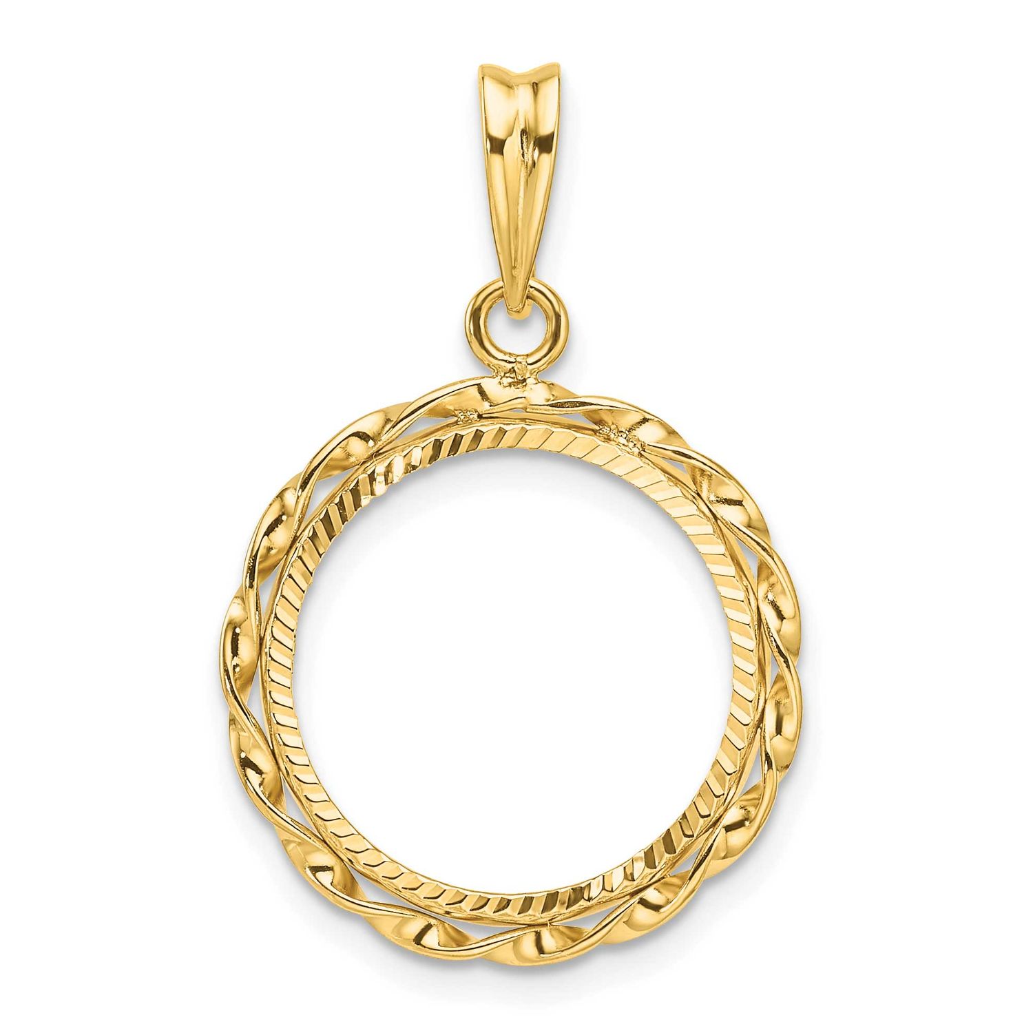 Hand Twisted Ribbon and Diamond-Cut 16.0mm Prong Coin Bezel Pendant 14k Gold Polished C3996D/16.0
