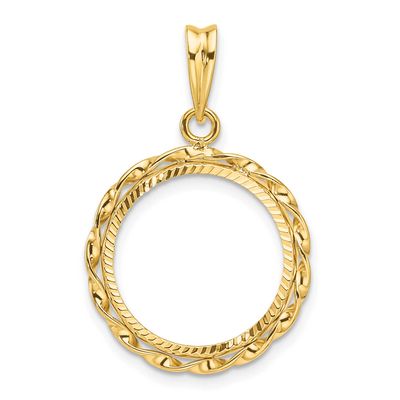 Hand Twisted Ribbon and Diamond-Cut 16.0mm Prong Coin Bezel Pendant 14k Gold Polished C3996D/16.0