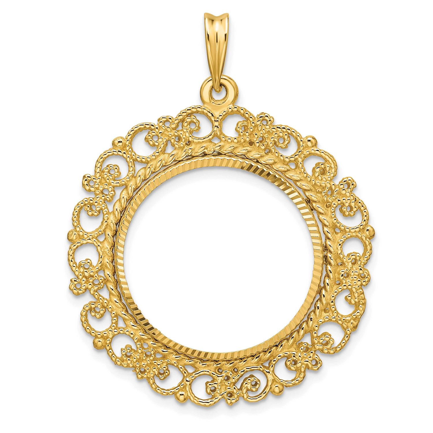 Textured and Diamond-Cut Victorian 22.0mm Prong Coin Bezel Pendant 14k Gold Polished C2819D/22.0