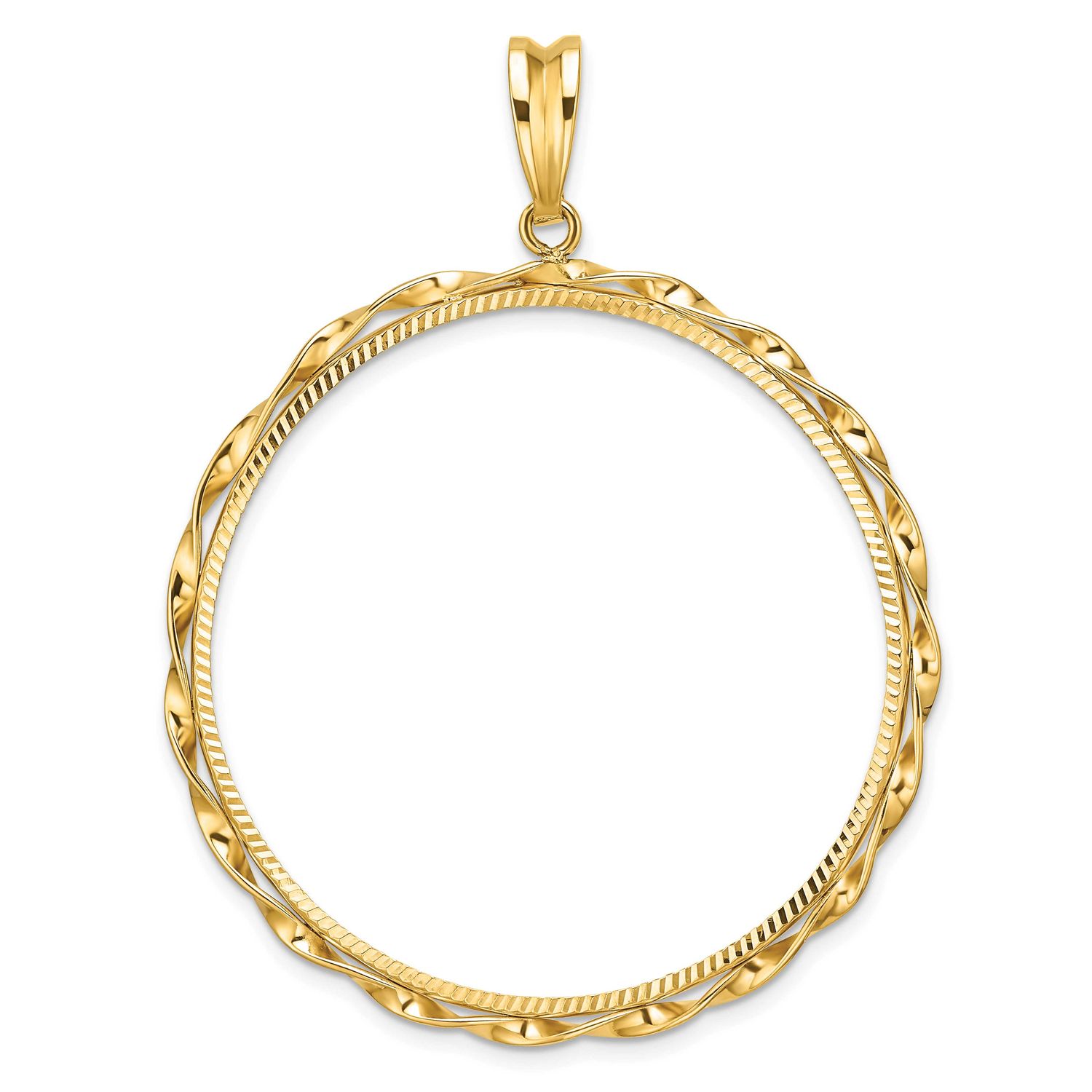 Hand Twisted Ribbon and Diamond-Cut 39.5mm Prong Coin Bezel Pendant 14k Gold Polished C3996D/39.5