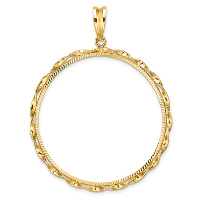 Hand Twisted Ribbon and Diamond-Cut 39.5mm Prong Coin Bezel Pendant 14k Gold Polished C3996D/39.5