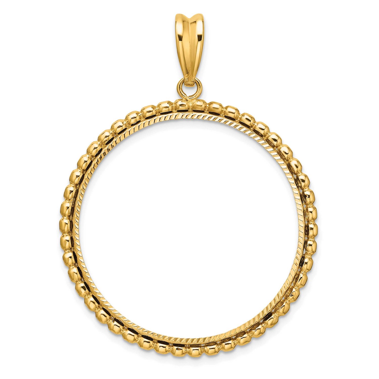 Diamond-Cut with Beaded Edge 32.7mm Prong Coin Bezel Pendant 14k Gold Polished C1011D/32.7