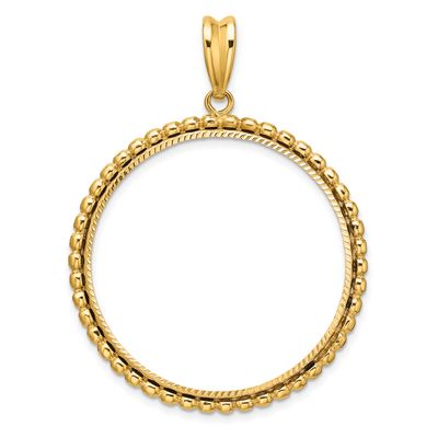 Diamond-Cut with Beaded Edge 32.7mm Prong Coin Bezel Pendant 14k Gold Polished C1011D/32.7