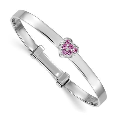 Pink CZ Heart Children&#39;s Adjustable Bangle Sterling Silver Rhodium-plated QB1638