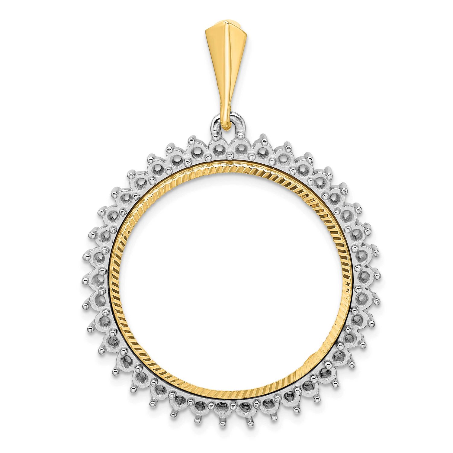 Diamond-Cut Diamond Circle 27.0mm Prong Coin Bezel Pendant Mounting 14k Two-tone Gold Polished CS39…