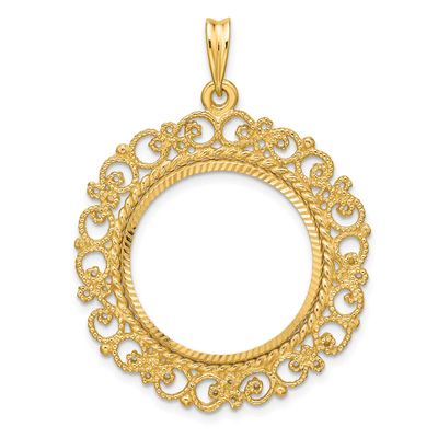 Textured and Diamond-Cut Victorian 21.6mm Prong Coin Bezel Pendant 14k Gold Polished C2819D/21.6