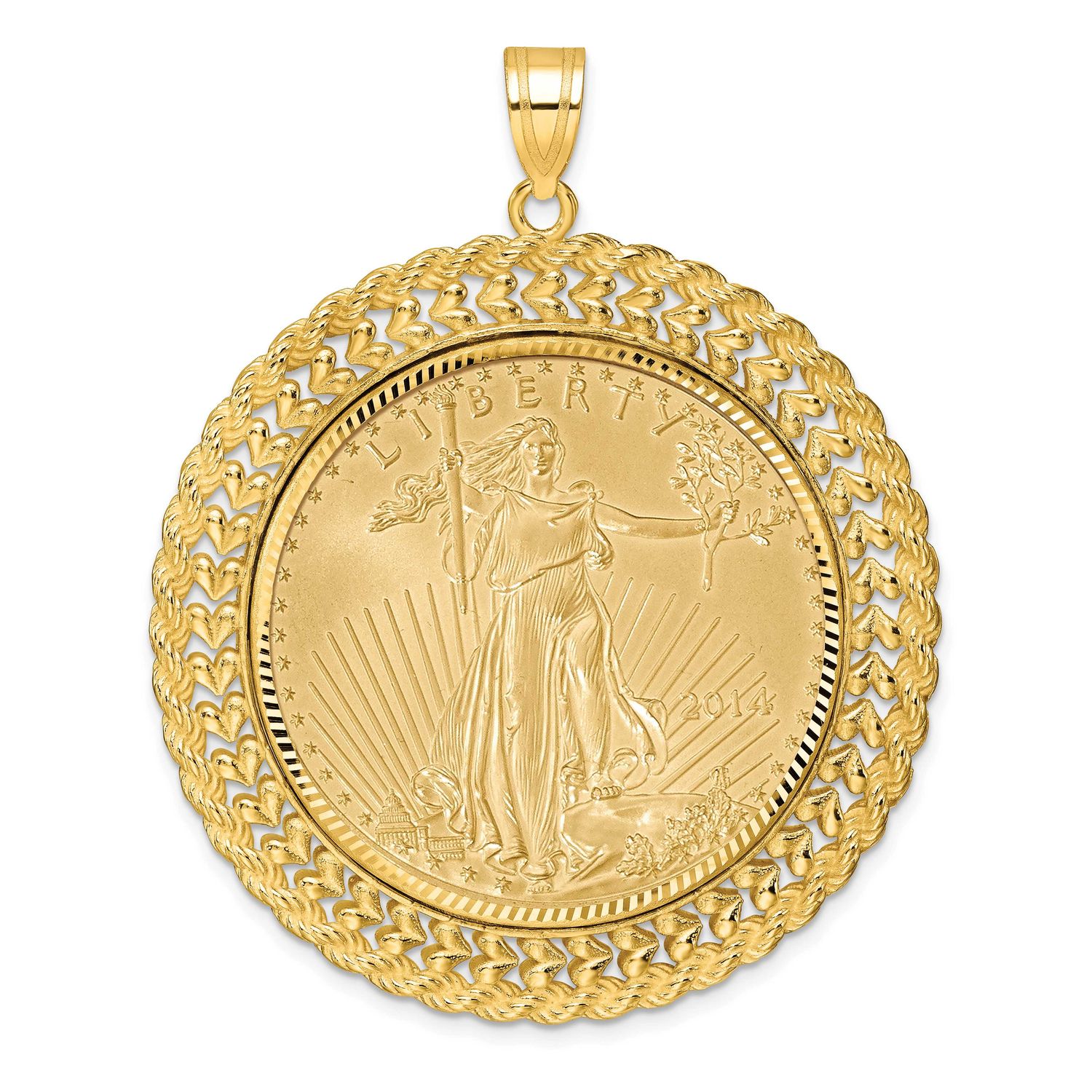 Diamond-Cut Heart &amp; Rope Prong Mounted 1Oz American Eagle Coin Bezel Pendant 14k Gold C8189/32.7C