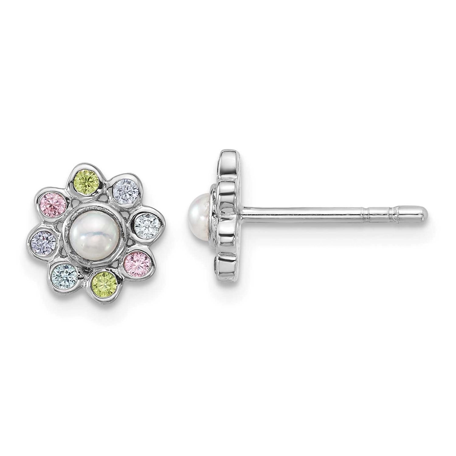 Children&#39;s CZ and Fwc Pearl Post Earrings Sterling Silver Rhodium-plated QE18266