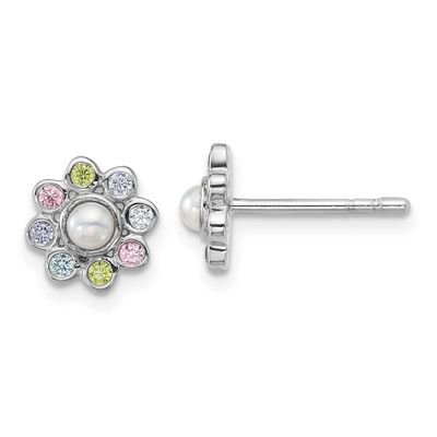 Children&#39;s CZ and Fwc Pearl Post Earrings Sterling Silver Rhodium-plated QE18266