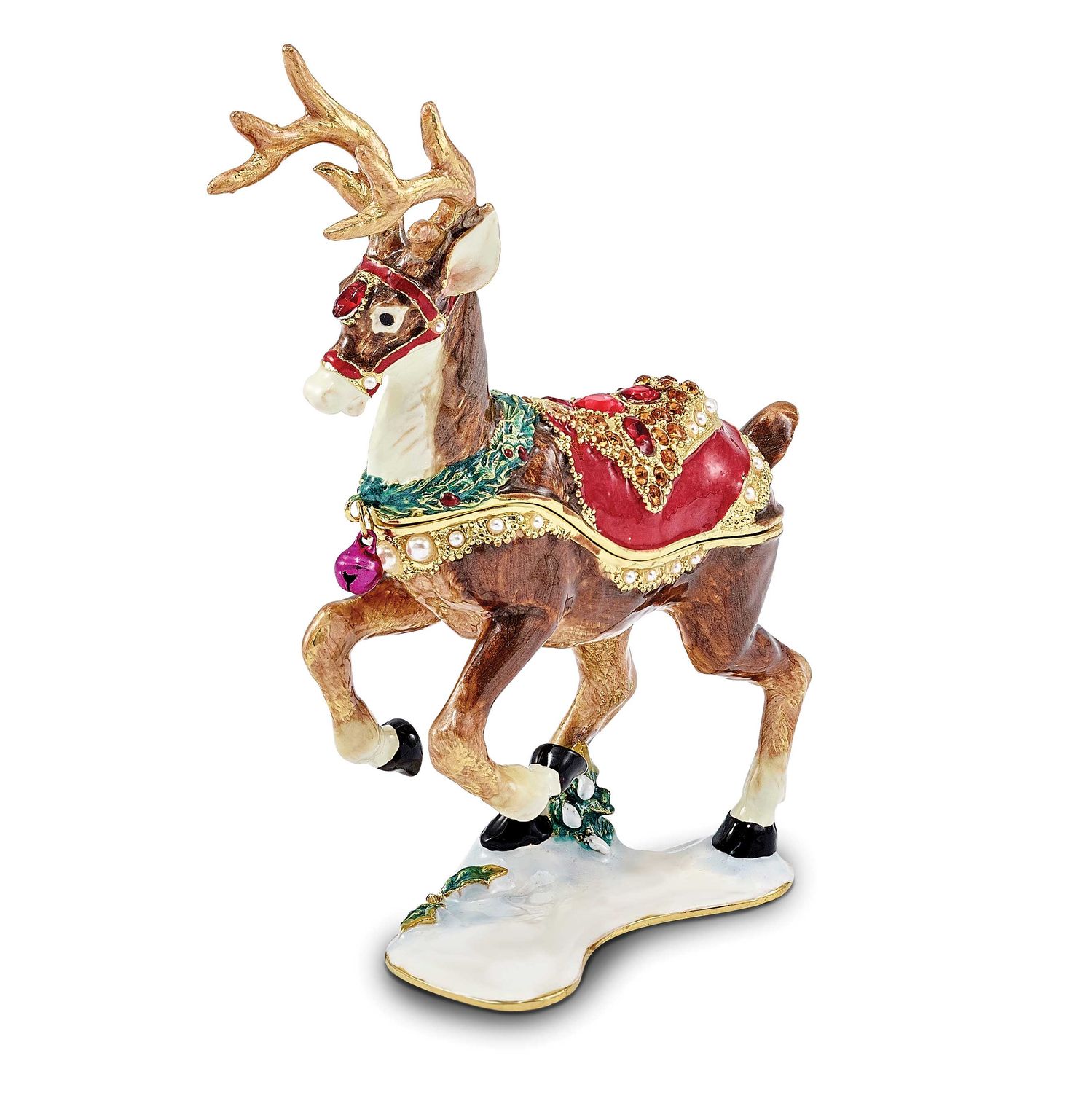 Luxury Giftware By Jere Pewter Bejeweled Crystals Gold-Tone Enameled Rufus Reindeer Trinket Box wit…