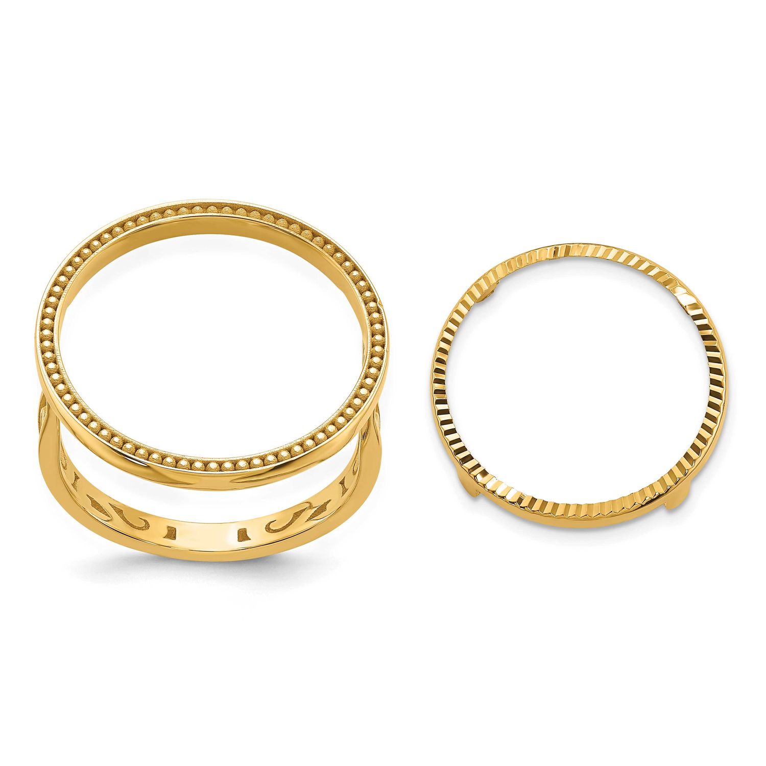 Ladies Polished and Diamond-Cut with Filigree Sides and Beaded Top 16.5mm Coin Bezel Ring 10k Gold …