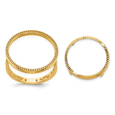 Ladies Polished and Diamond-Cut with Filigree Sides and Beaded Top 16.5mm Coin Bezel Ring 10k Gold …
