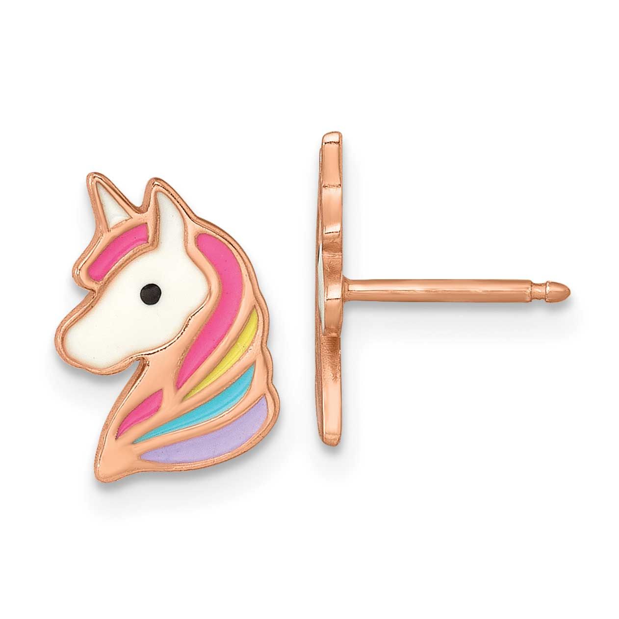 Rose-Tone Enameled Unicorn Children&#39;s Post Earrings Sterling Silver QE18294