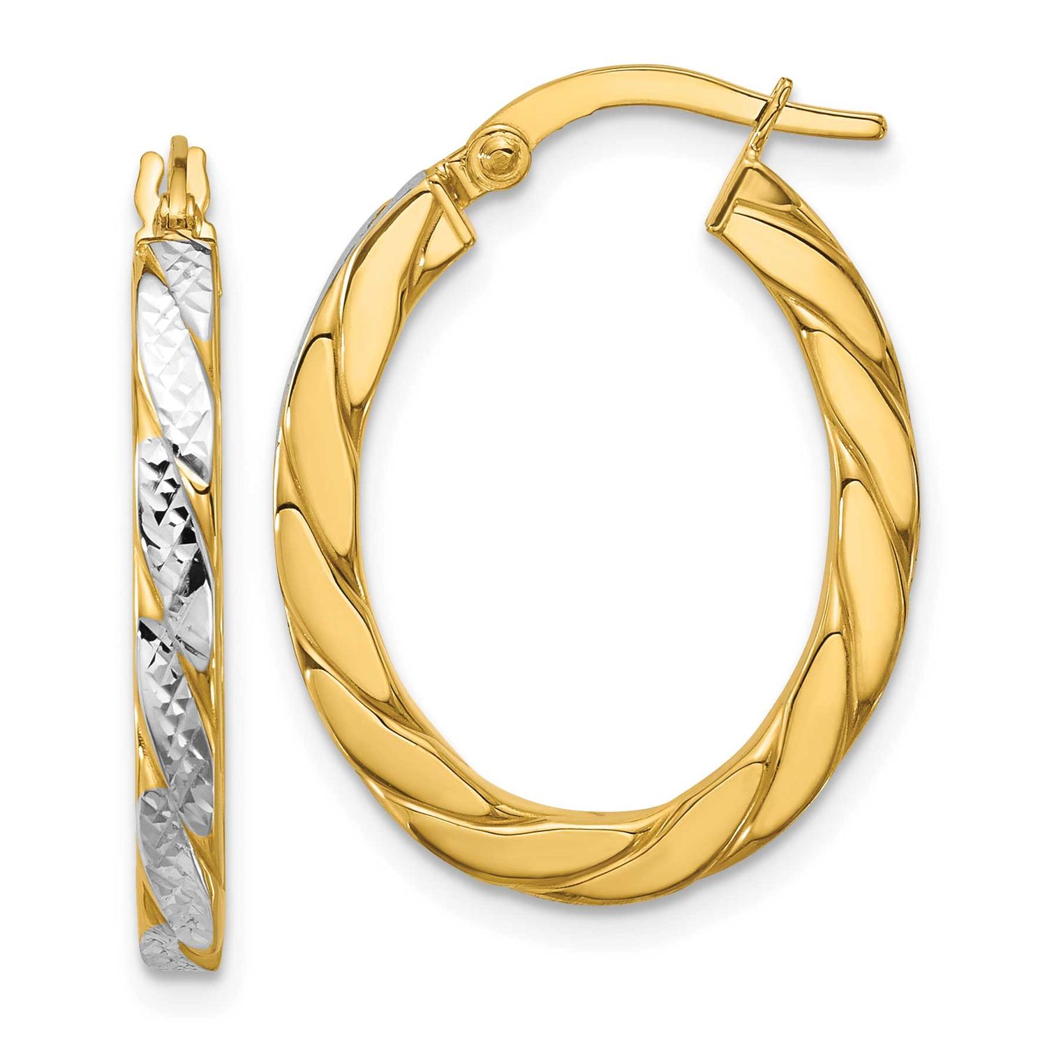 Polished and Diamond-Cut Oval Hoop Earrings 14k Gold with Rhodium LE2865