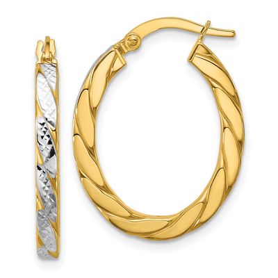 Polished and Diamond-Cut Oval Hoop Earrings 14k Gold with Rhodium LE2865