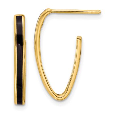Black Enamel Oval J-Hoop Post Earrings 14k Gold Polished LE2614 196904171479