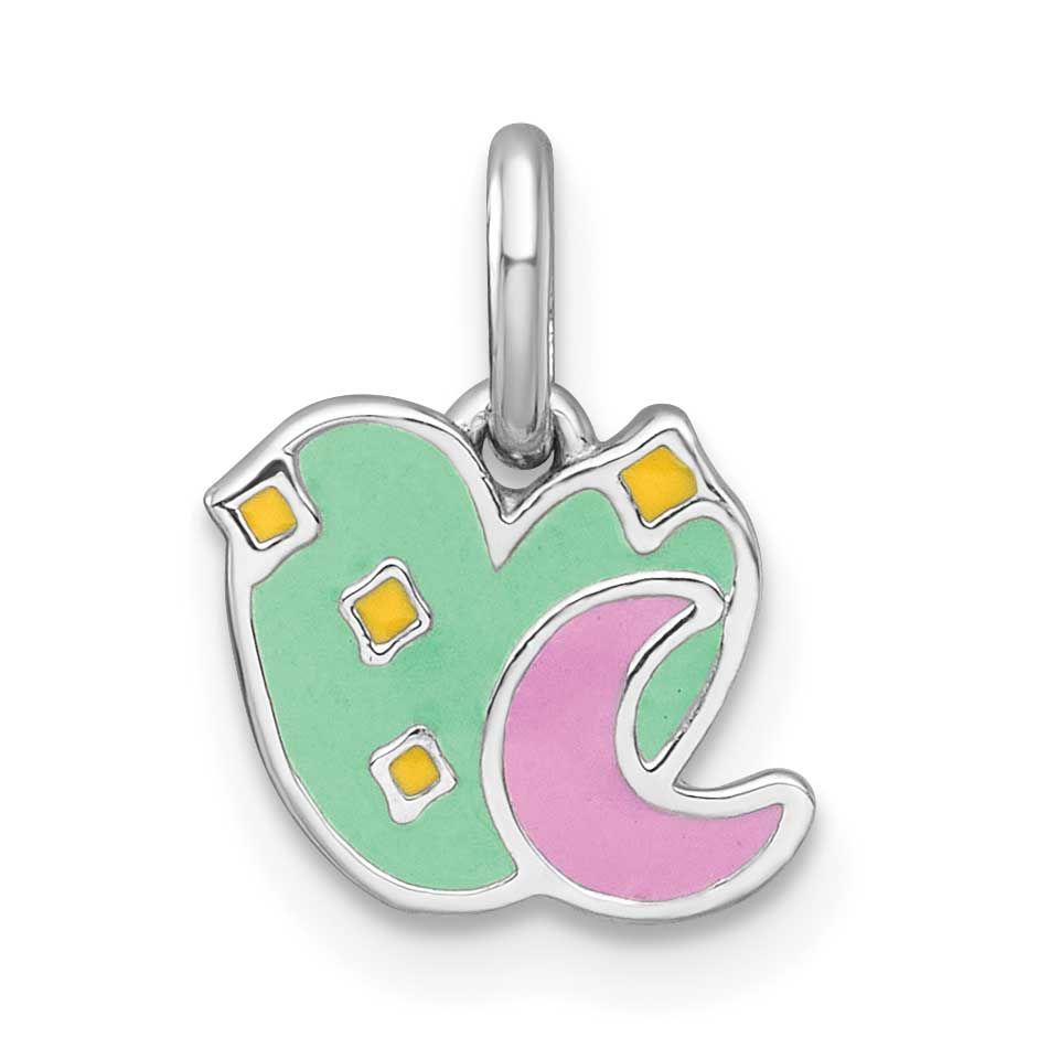 Enamel Heart and Moon Children&#39;s Pendant Sterling Silver Rhodium-plated Polished QP5970
