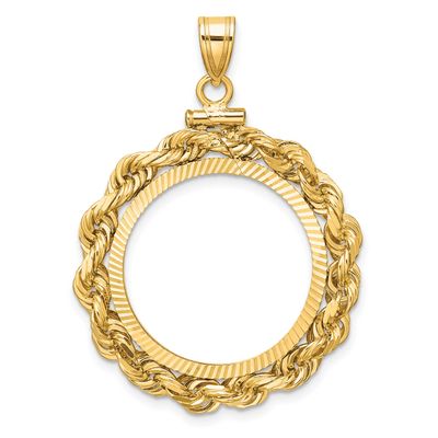 Rope and Diamond-Cut 21.6mm x 1.7mmscrew Top Coin Bezel Pendant 14k Gold Polished C3275D/21.6