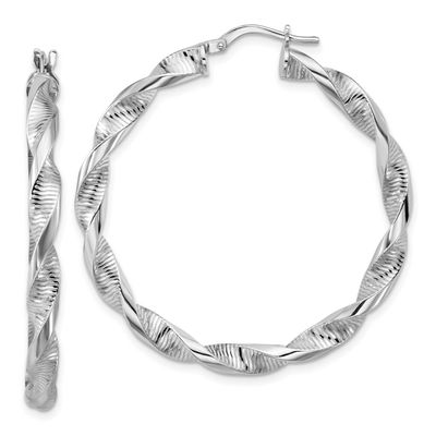 Polish Textured Twist Hoop Earrings Sterling Silver Rhodium-plated QLE1554