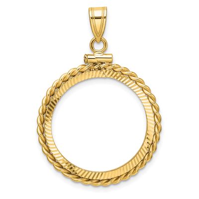 Twisted Wire and Diamond-Cut 22.0mm x 1.9mm Screw Top Coin Bezel Pendant 14k Gold Polished C2271D/2…