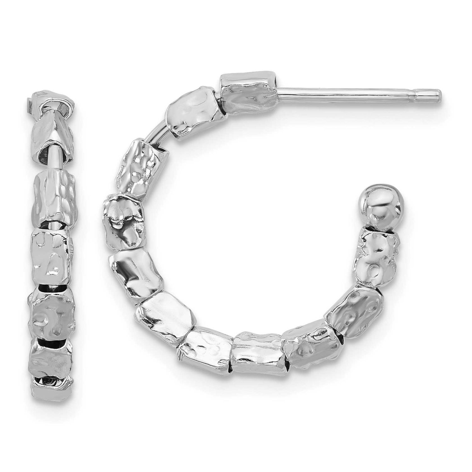 Hammered J-Hoop Post Earrings Sterling Silver Rhodium-plated Polished QLE1459 196904183090