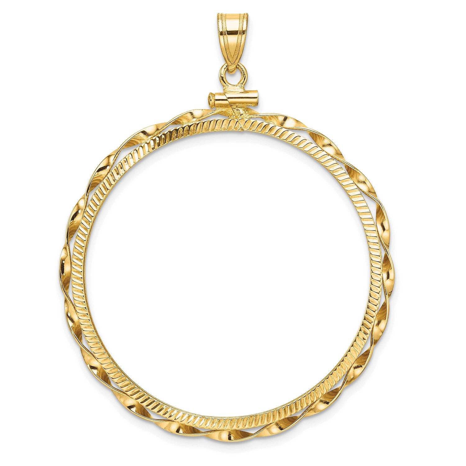 Hand Twisted Ribbon and Diamond-Cut 37.0mm x 2.85mm Screw Top Coin Bezel Pendant 14k Gold Polished …