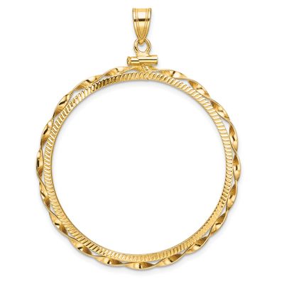 Hand Twisted Ribbon and Diamond-Cut 37.0mm x 2.85mm Screw Top Coin Bezel Pendant 14k Gold Polished …