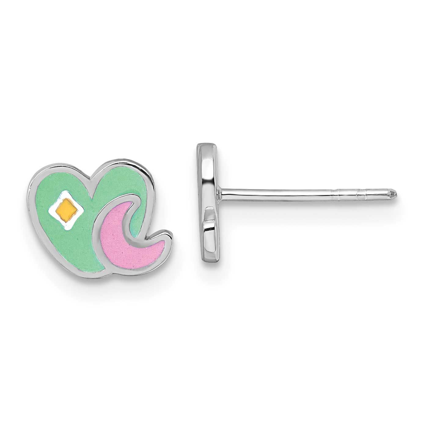 Enamel Heart and Moon Children&#39;s Post Earrings Sterling Silver Rhodium-plated QE18280