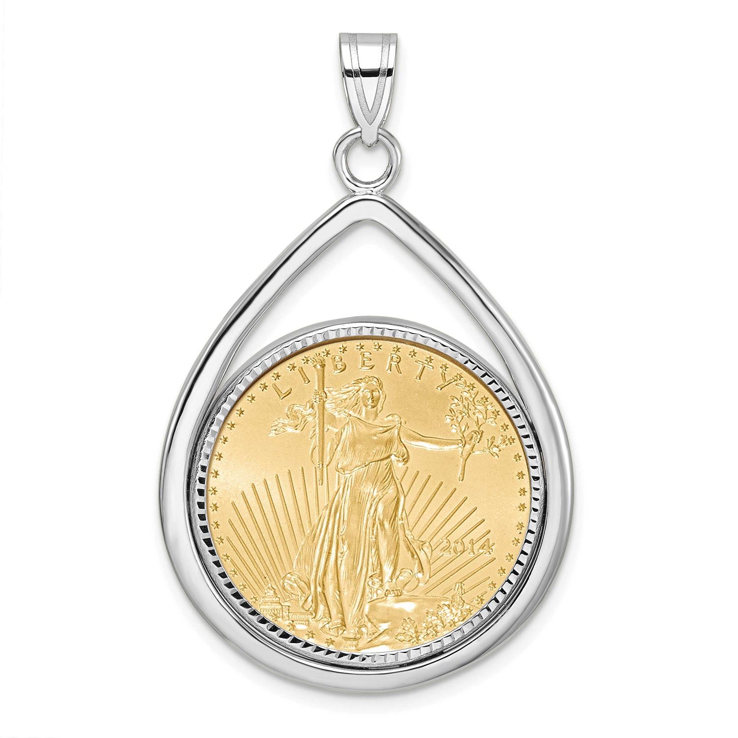 Polished &amp; Diamond-Cut Tear Drop Prong Mounted 1/4Oz American Eagle Coin Bezel Pendant 14k White Go…