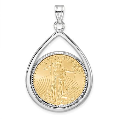 Polished &amp; Diamond-Cut Tear Drop Prong Mounted 1/4Oz American Eagle Coin Bezel Pendant 14k White Go…