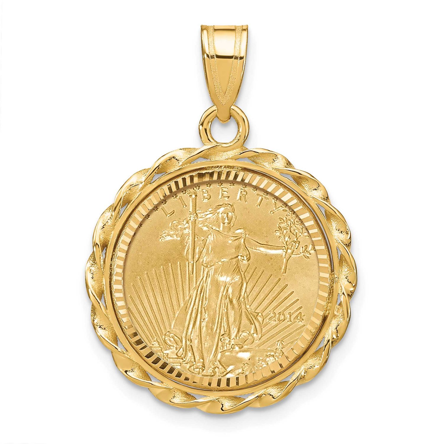 Diamond-Cut &amp; Twisted Wire Prong Mounted 1/10Oz American Eagle Coin Bezel Pendant 14k Gold C8181/16…