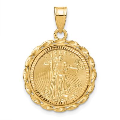 Diamond-Cut &amp; Twisted Wire Prong Mounted 1/10Oz American Eagle Coin Bezel Pendant 14k Gold C8181/16…