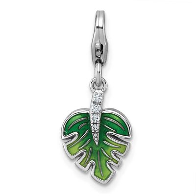 Amore La Vita 3-D Green Enamel CZ Leaf Charm Sterling Silver Rhodium-plated QCC1319