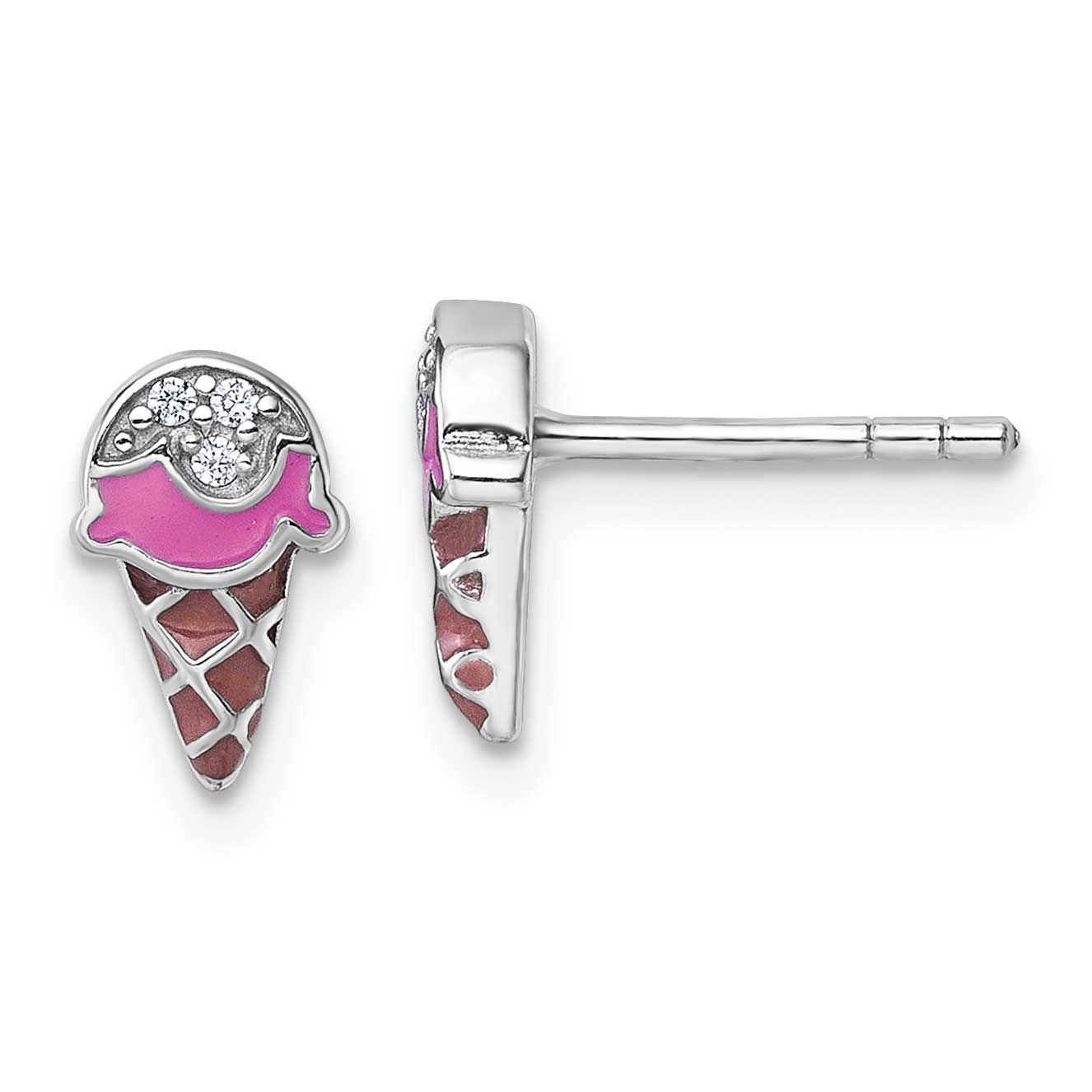 Children&#39;s Pink and Brown Enamel with CZ Ice Cream Cone Post Earrings Sterling Silver Rhodium-plate…