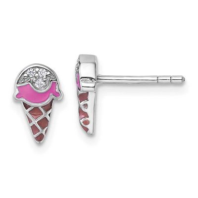 Children&#39;s Pink and Brown Enamel with CZ Ice Cream Cone Post Earrings Sterling Silver Rhodium-plate…