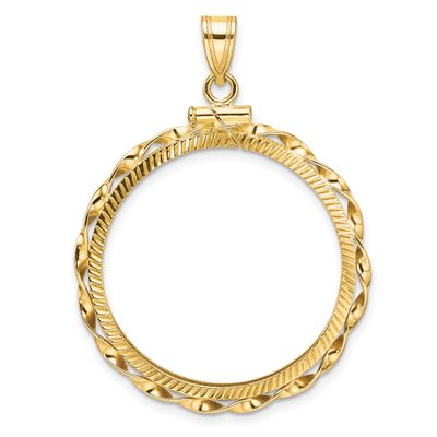 Hand Twisted Ribbon and Diamond-Cut 27.0mm x 2.35mm Screw Top Coin Bezel Pendant 14k Gold Polished …