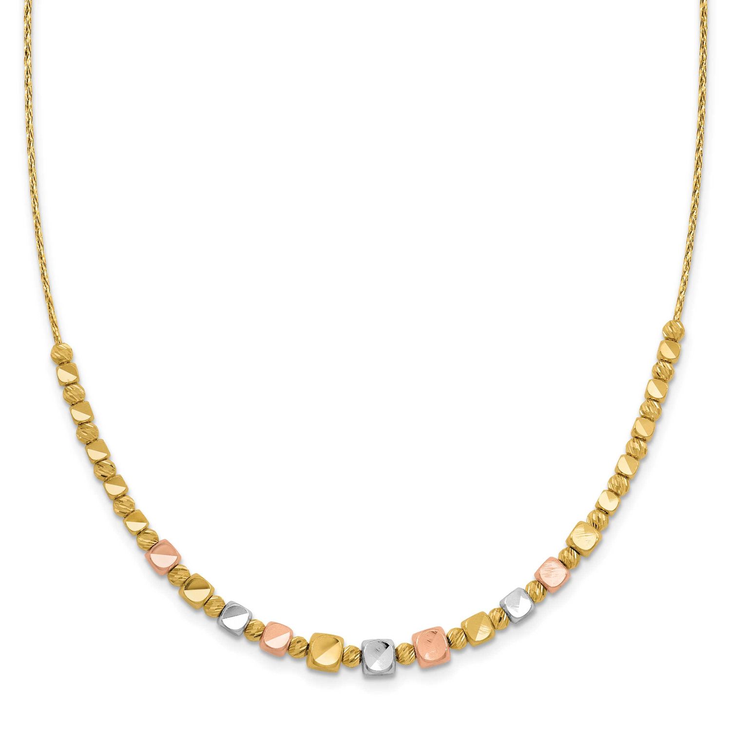 Tri-Color Polished / Dc Square Beads with 1 Inch Extender Necklace 14k Gold LF1831-16 196904333945