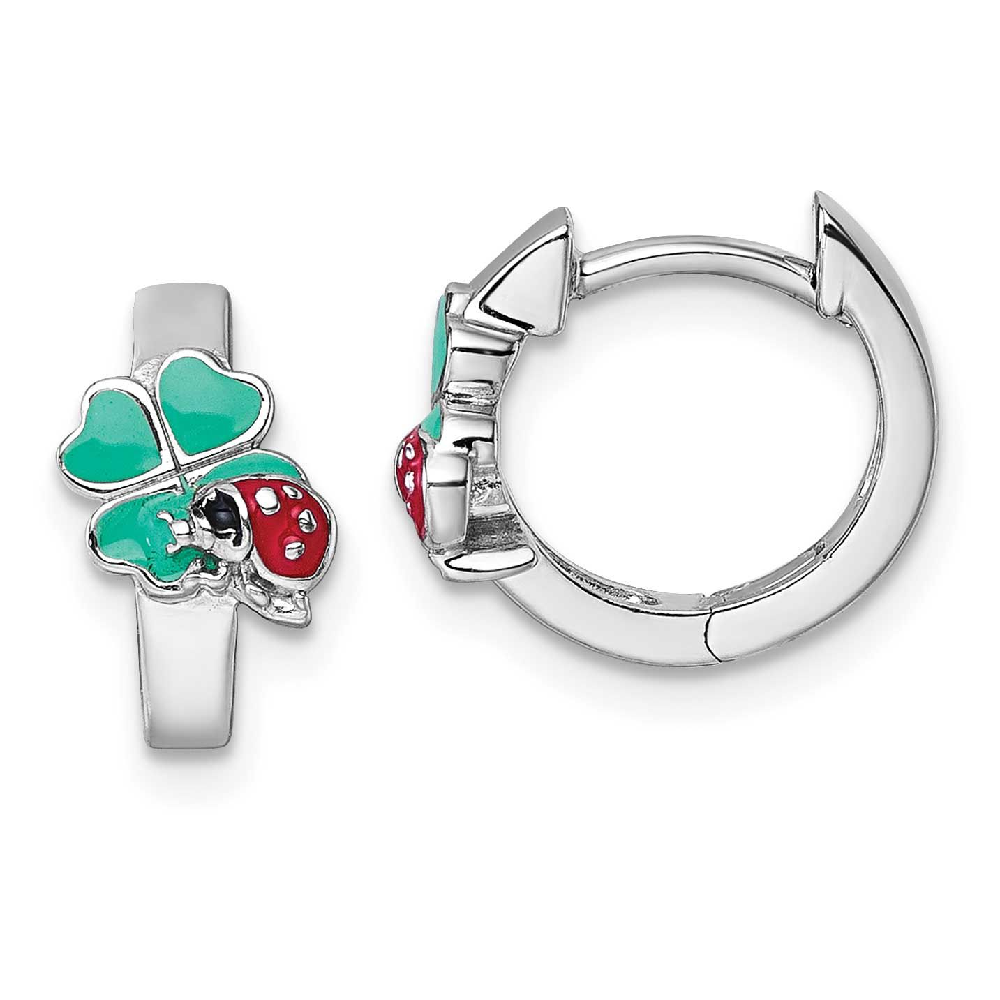 Children&#39;s Green, Red and Black Enamel Ladybug 4-Leaf Clover Hinged Hoop Earrings Sterling Silver R…