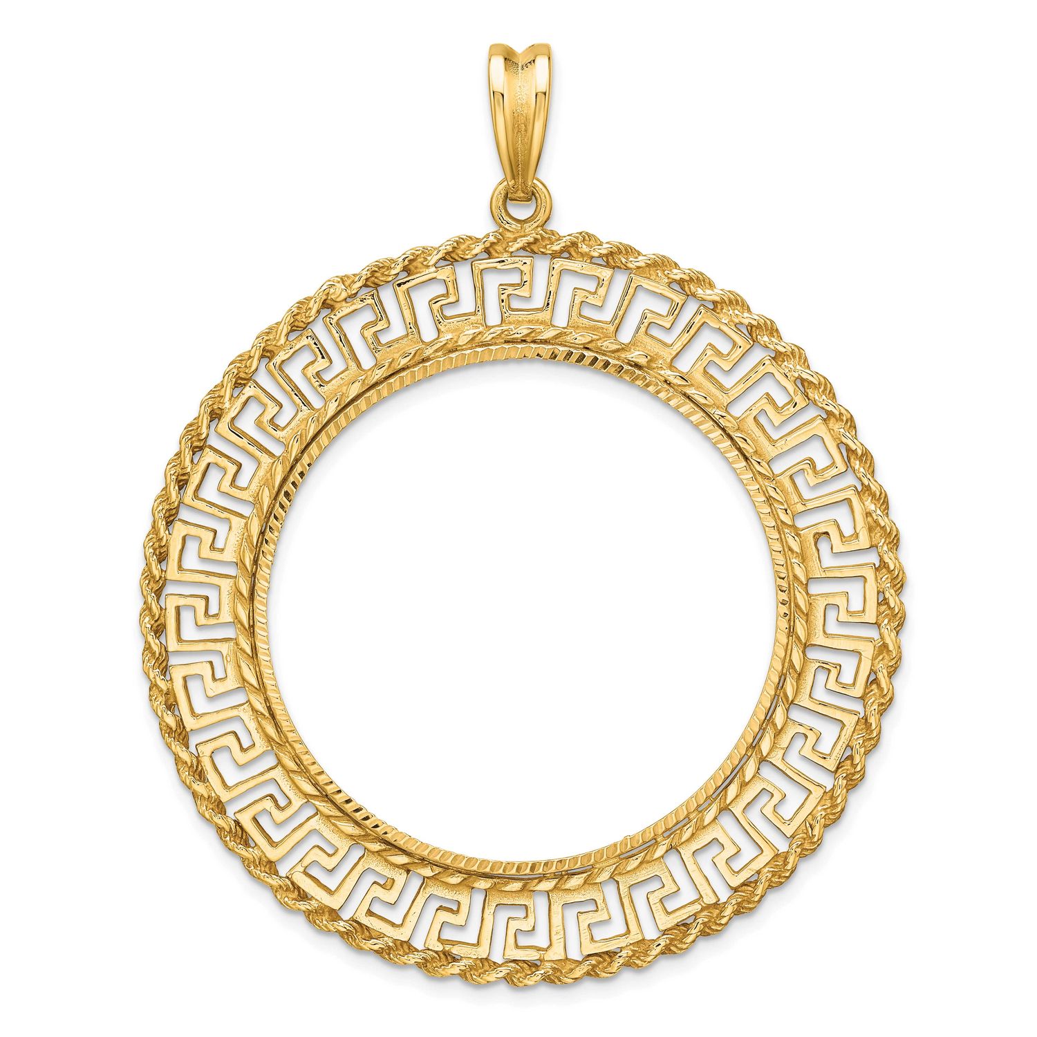 Diamond-Cut Greek Key with Rope Border 34.2mm Prong Coin Bezel Pendant 14k Gold Polished C3013D/34.2