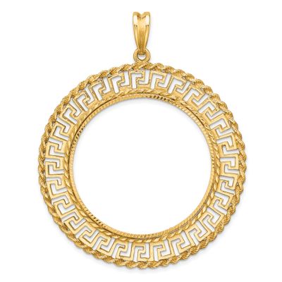 Diamond-Cut Greek Key with Rope Border 34.2mm Prong Coin Bezel Pendant 14k Gold Polished C3013D/34.2