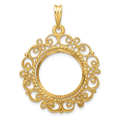 Textured and Diamond-Cut Victorian 16.5mm Prong Coin Bezel Pendant 14k Gold Polished C2819D/16.5