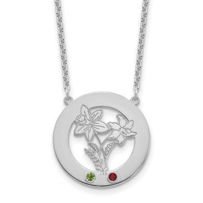 Circle with 2 Birth Flower and Birthstone Necklace Sterling Silver Rhodium-plated XNA1487/2SS