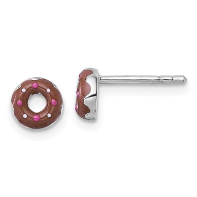 Children&#39;s Brown with Pink and White Enamel Sprinkled Donut Post Earrings Sterling Silver Rhodium-p…
