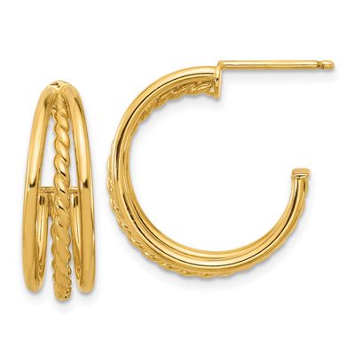 3-Row Round J-Hoop Post Earrings 14k Gold Polished and Textured LE2601 196904338704