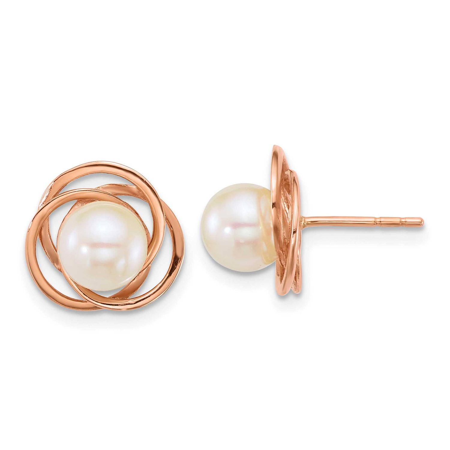 6-7mm White Round South Sea Saltwater Cultured Pearl Post Earrings 14k Rose Gold XF867E
