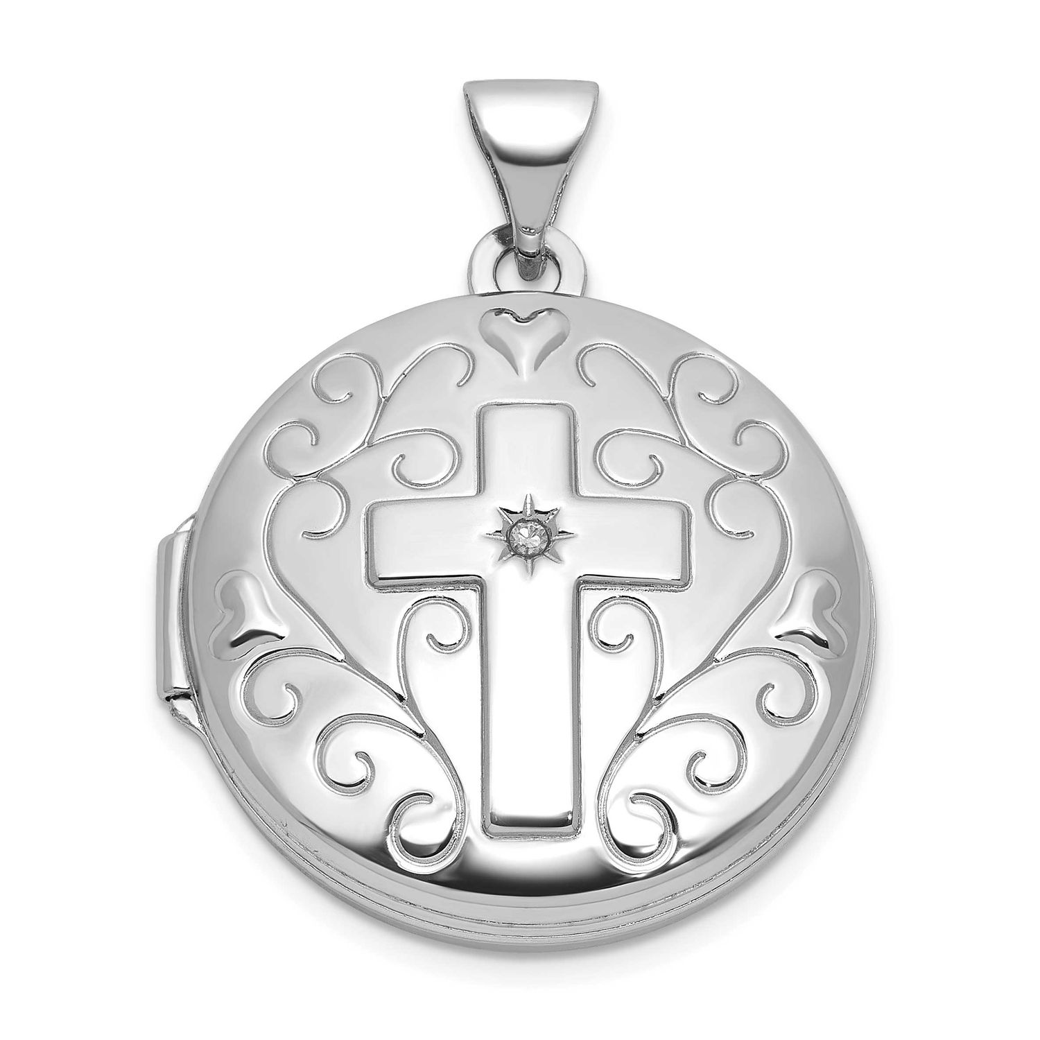 Diamond Cross and Heart 20mm Round Locket Sterling Silver Rhodium-plated QLS1242
