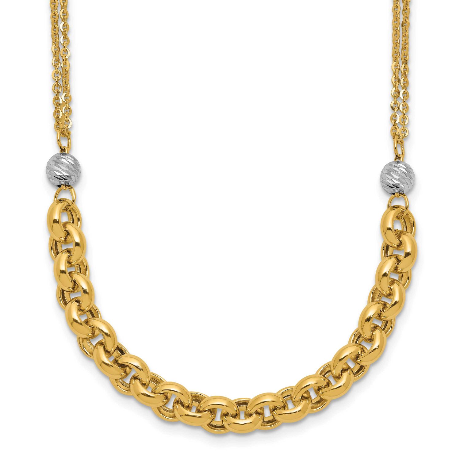 White Rh Polished Diamond-Cut 2-Strand Rolo Link Necklace 14k Gold LF2182-18 196904317549